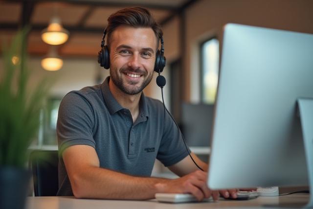 Un técnico amigable tomando una llamada de servicio al cliente en la oficina de Silhouette Fixers.